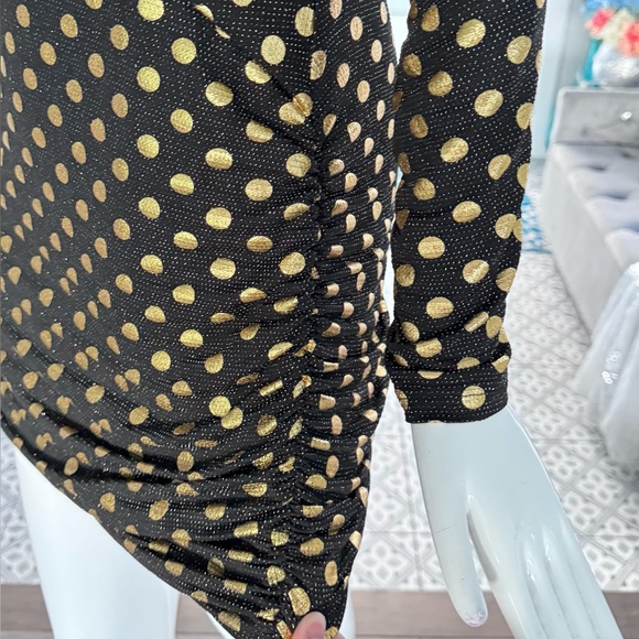 New 🖤💛 Elegant Black and Gold Polka Dot Long Sleeve Mini Dress - Picture 11 of 17
